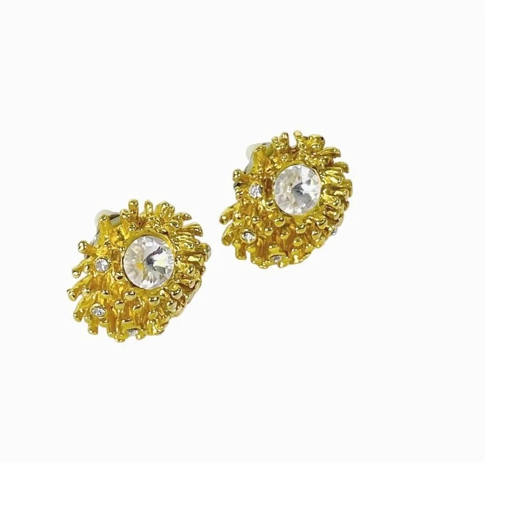 Vintage Brutalist Sunburst Clip On Earrings Sea Urchin Gold‎ Tone Rhinestone